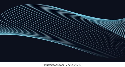 Um design digital dinâmico e abstrato com formas de onda azul fluindo contra um fundo escuro, linhas suaves e curvas e padrões pontilhados que criam uma sensação de movimento e energia. 