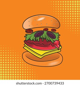 Una ilustración digital dinámica y abstracta de una hamburguesa con queso, donde todos sus componentes se muestran flotando o desmontados en capas.