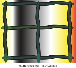 Dynamic abstract digital print: Dark woven grid on a glowing gradient background of yellow, white, black, gray, and fiery orange.