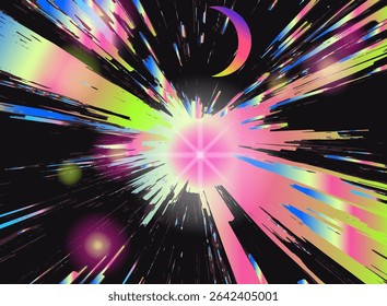Ilustração de explosão dinâmica e abstrata em um estilo popular de vaporwave, com uma explosão arrojada de rosa, amarelo, azul, com listras e gradientes afiados, evocando velocidade e energia.