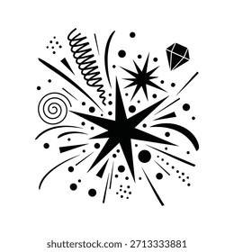 Explosión abstracta dinámica con estrellas, puntos, líneas y una forma de diamante, que representa la celebración y la energía
