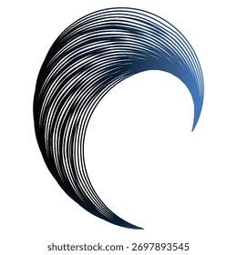 A dynamic, abstract form composed of numerous thin, parallel lines that curve and swirl, creating a crescent shape with a gradient from black to blue.