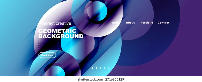 Fondo geométrico abstracto dinámico. Los Gradientes azules y morados crean un diseño moderno. Los Elementos de texto presentan trabajo, información, Cartera, opciones de contacto.