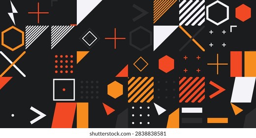Dynamic abstract geometric pattern featuring hexagons, squares, and lines in bold black, orange, and white tones