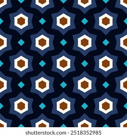 Fondo minimalista de patrón geométrico abstracto dinámico. Las Formas hexagonales abstractas de diseño de estrellas de azulejos coloridos forman una textura juguetona. Gráfico de Vector sin costuras fácil de recolorear en todo el bloque de impresión.