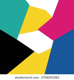 Las Formas geométricas abstractas dinámicas en verde azulado, amarillo, rosa, azul, negro y blanco crean un Vector de fondo vibrante y moderno.