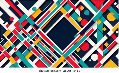 Dynamic abstract geometric vector illustration featuring overlapping red, teal, yellow, and cream shapes with shadows on a dark blue background, creating a complex diagonal pattern with a central empt