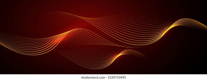 Líneas de onda doradas abstractas dinámicas sobre fondo rojo oscuro.