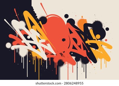 Dynamic abstract graffiti art featuring bold splashes of orange, yellow, and black paint with drips and geometric letter forms on a wall.