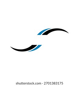 Dynamic abstract graphic with mirrored black and blue curved elements, suggesting motion and modern design.