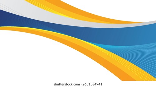 Um gráfico abstrato dinâmico apresenta fitas curvas de azul, ouro e branco, criando um design fluido e moderno adequado para planos de fundo ou apresentações com linhas nítidas.