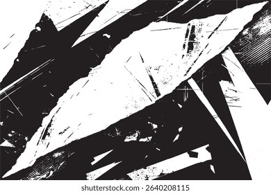 Dynamic abstract grunge background in black and white, featuring torn textures, sharp angles, and distressed details.