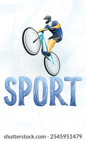 Dynamic abstract illustration of a cyclist performing a stunt on a mountain bike, symbolizing action, energy, and sport. Perfect for active lifestyle and outdoor adventure themes.