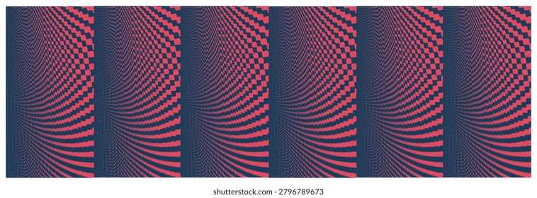 Dynamic abstract illustration with repetitive wave pattern of red and blue checkered squares creating an optical effect, geometric vector art suitable for background or texture.