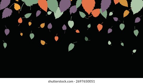 Ilustração abstrata dinâmica de várias folhas de outono coloridas, incluindo laranja, verde e roxo, caindo sobre um fundo preto sólido.