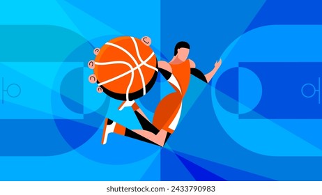 Imagen abstracta dinámica del jugador de baloncesto en el uniforme naranja en movimiento, saltando con la bola sobre fondo azul. Concepto de atributos deportivos, juego, competición y torneo. Póster, banner y anuncio