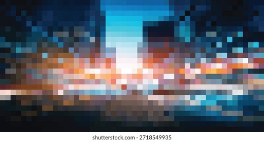 Uma imagem abstrata dinâmica de uma cidade à noite, renderizada com um efeito pixelado, exibindo trilhas de luz brilhantes e um brilho digital que evoca movimento e tecnologia.
