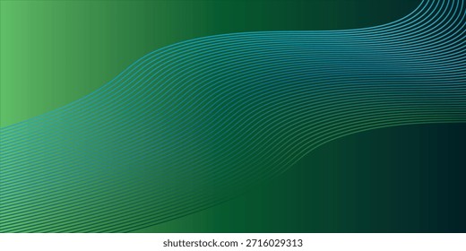 Una Imagen abstracta dinámica de líneas azules curvas sobre un fondo degradado verde, líneas onduladas. Crea un diseño visual llamativo y armonioso con movimiento fluido y colores brillantes. Para carteles y folletos.