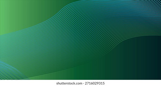 Una Imagen abstracta dinámica de líneas azules curvas sobre un fondo degradado verde, líneas onduladas. Crea un diseño visual llamativo y armonioso con movimiento fluido y colores brillantes. Para carteles y folletos.