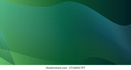 Una Imagen abstracta dinámica de líneas azules curvas sobre un fondo degradado verde, líneas onduladas. Crea un diseño visual llamativo y armonioso con movimiento fluido y colores brillantes. Para carteles y folletos.