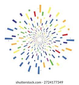 Una Imagen abstracta dinámica que presenta una explosión de Formas rectangulares coloridas en tonos rojos, azules, verdes, amarillos, naranjas y púrpuras, irradiando hacia afuera desde un punto central sobre un fondo blanco limpio.