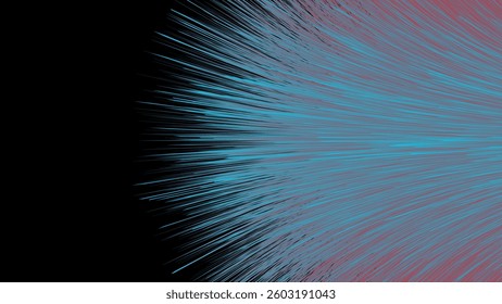 A dynamic abstract image featuring radiating lines of teal and rose hues against a black background.