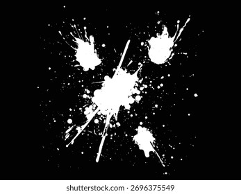 A dynamic abstract image featuring white ink splatters and drips on a stark black background. The energetic splashes and fine droplets create a grunge-inspired texture