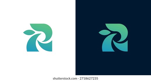 Logotipo dinámico de la letra R abstracta con Formas orgánicas fluidas y un gradiente azul-verde vibrante, que representa el crecimiento natural y la marca moderna fresca