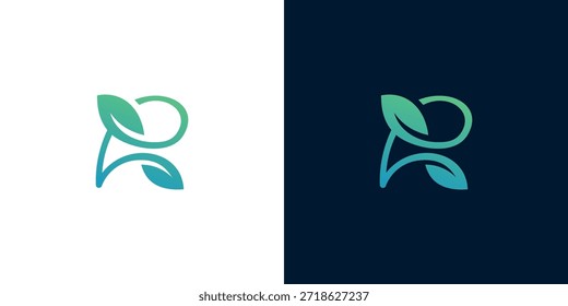 Letra abstrata dinâmica logotipo R com formas orgânicas fluindo e um vibrante gradiente azul-verde, representando o crescimento natural e marca moderna fresca