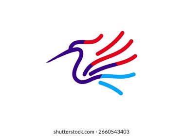 Dynamic and abstract line art logo depicting a hummingbird in flight, with its wings represented by vibrant red, blue, and purple strokes