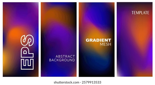 A dynamic abstract liquid background set featuring gradient mesh and dark color blends. Blurred fluid textures create a modern design for web covers, banners, posters, brochures, and flyers.