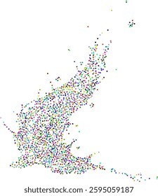 Dynamic abstract liquid flow of colorful particles, rainbow colored circular glitters background. Abstract particles flowing wavy, colorful dotted smoke.