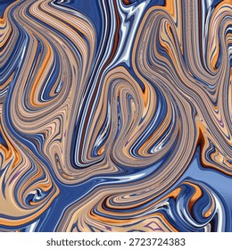 Ondas líquidas abstractas dinámicas con líneas fluidas azules y naranjas, textura de mármol de alta energía ideal para fondos modernos, imágenes tecnológicas y diseño creativo.