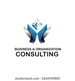 Logotipo abstrato dinâmico para consultoria de negócios e organizações, apresentando formas geométricas nítidas em gradientes azuis e prateados.