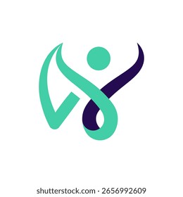 A dynamic and abstract logo depicting a stylized figure with raised arms, formed by flowing ribbons in teal and dark purple, with a circular head
