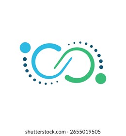 A dynamic, abstract logo forming an "S" or infinity symbol from two intertwining arcs, one blue and one green, with dotted lines and spheres.