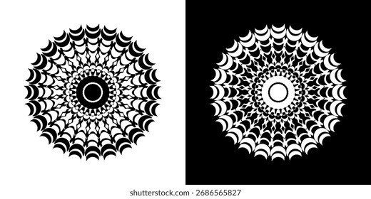 Mandala abstrata dinâmica. Padrão abstrato futurista circular, fundo preto e branco.