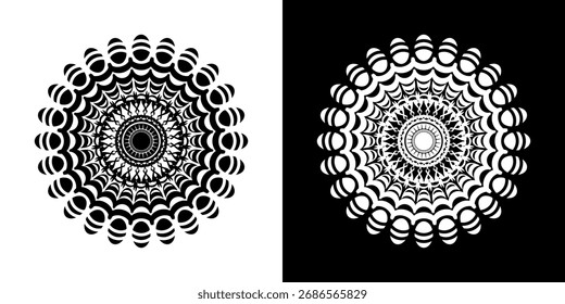 Mandala abstracto dinámico. Patrón abstracto futurista circular, fondo blanco y negro.