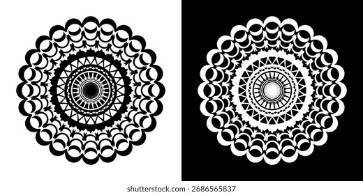Mandala abstrata dinâmica. Padrão abstrato futurista circular, fundo preto e branco.