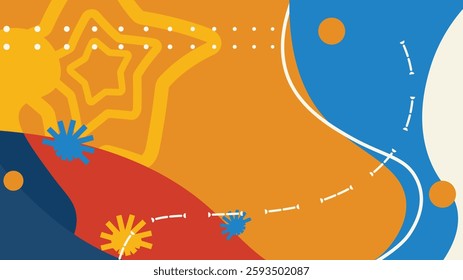 A dynamic abstract Memphis-style background with bold geometric shapes, wavy lines, and vibrant colors in blue, orange, and red. Perfect for modern design projects, posters, and web graphics