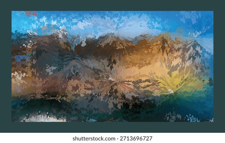 Dynamic abstract mountain landscape with radiating light and a vibrant, expressive palette