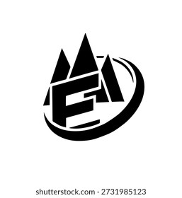 Dynamic Abstract Mountain Peaks Letra E Design de Logo com Órbita Swoosh; Aventura ao Ar Livre Moderna