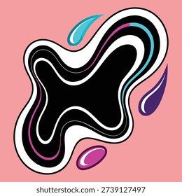 Dynamic abstract organic shape with flowing lines and colorful droplets on a pastel pink backdrop.