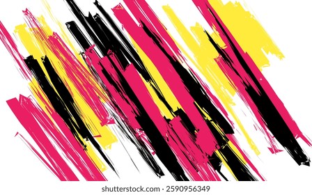 Dynamic abstract painting with bold brushstrokes of yellow magenta and black creating a vibrant and energetic artistic expression on a white canvas