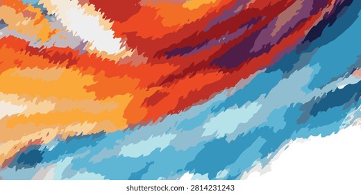 Dynamic abstract painting featuring bold blue, orange, red, and purple brush strokes with textured, vibrant color blending.
