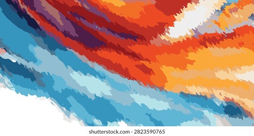 Dynamic abstract painting featuring bold red, blue, orange, and white brushstrokes blending seamlessly across the canvas.