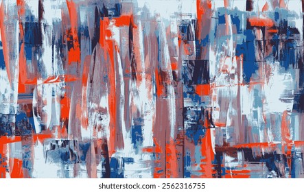 Dynamic abstract painting featuring energetic vertical brushstrokes in shades of vibrant red, deep blue, and cool white, creating a bold visual statement