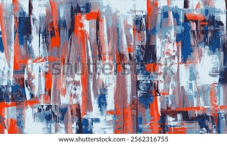 Dynamic abstract painting featuring energetic vertical brushstrokes in shades of vibrant red, deep blue, and cool white, creating a bold visual statement