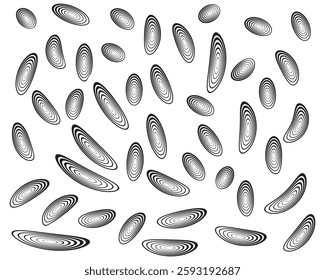 Dynamic abstract pattern with black elliptical contour shapes on a white background. Modern optical illusion style, perfect for digital backgrounds, textiles, and minimalist designs