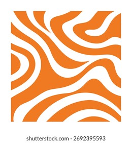Dynamic abstract pattern with bold orange flowing lines on a clean white background. The design mimics fluid motion, wood grain, or topographic texture, creating a modern organic feel.